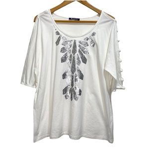 Roaman’s Women’s 14/16 White Silver Sequins Short Sleeve Relaxed Fit Top Blouse